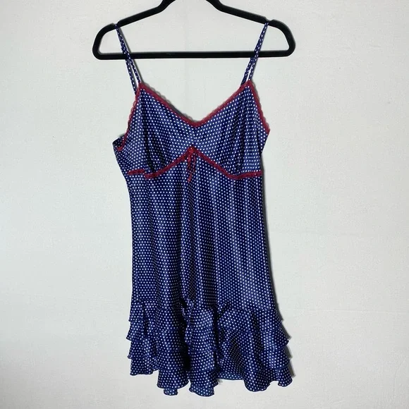 La Vie En Rose Blue Polka Dot Nightgown Sleep Dress Slip Dress W Ruffle Hem L - Picture 13 of 13
